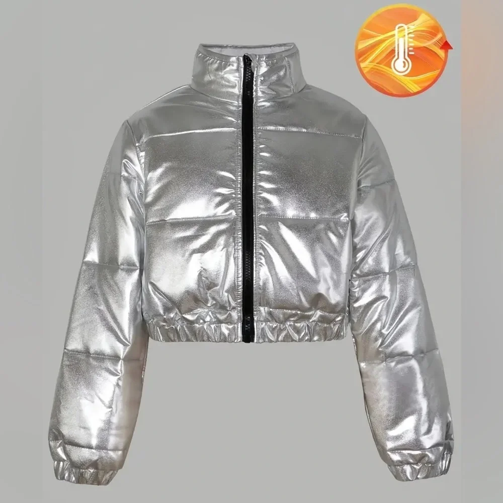 Silver Metallic Big Girls Puffer Jacket